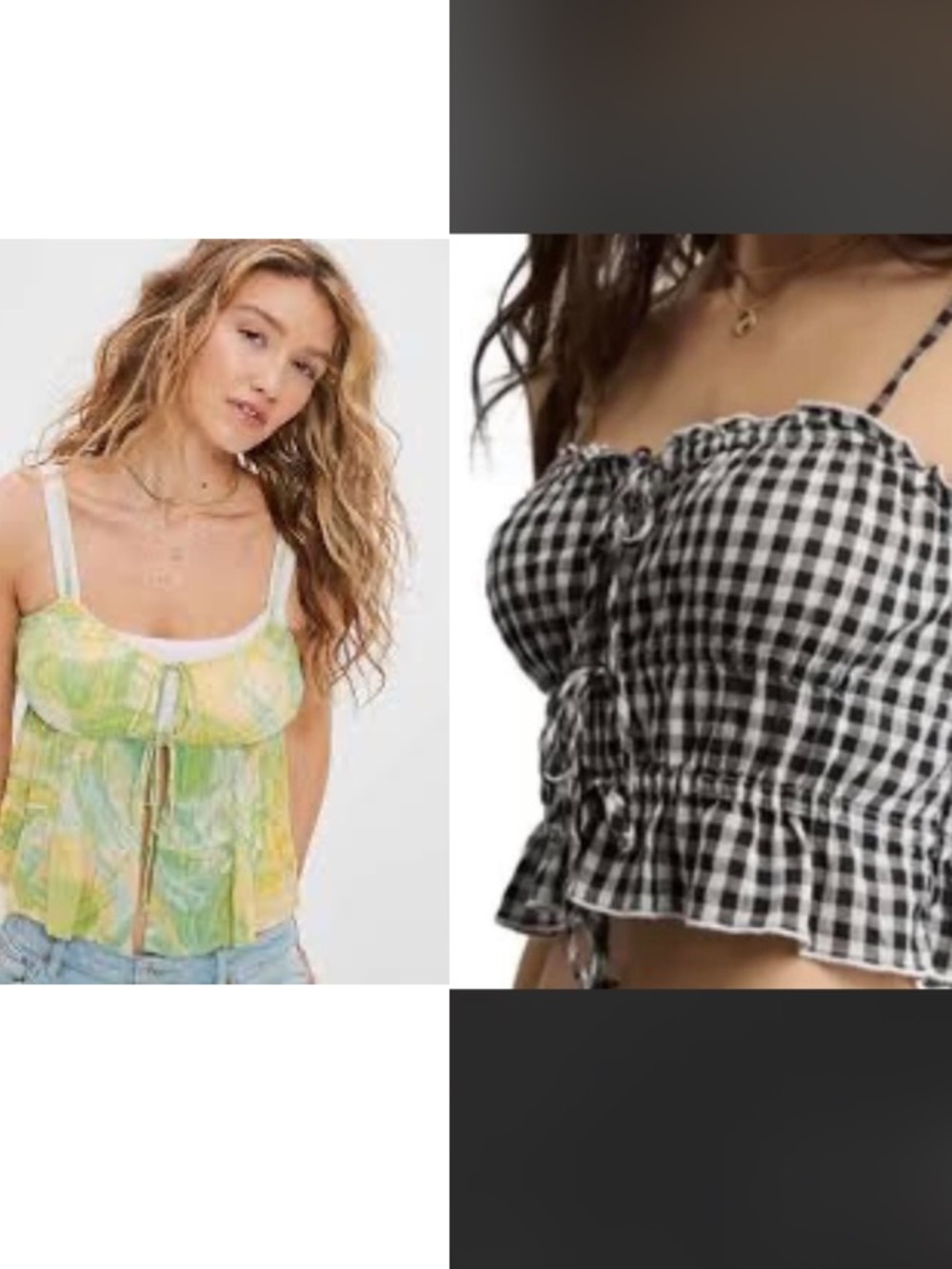 Gingham Lace-Up Smocked Crop Top - Black & White american eagle xl